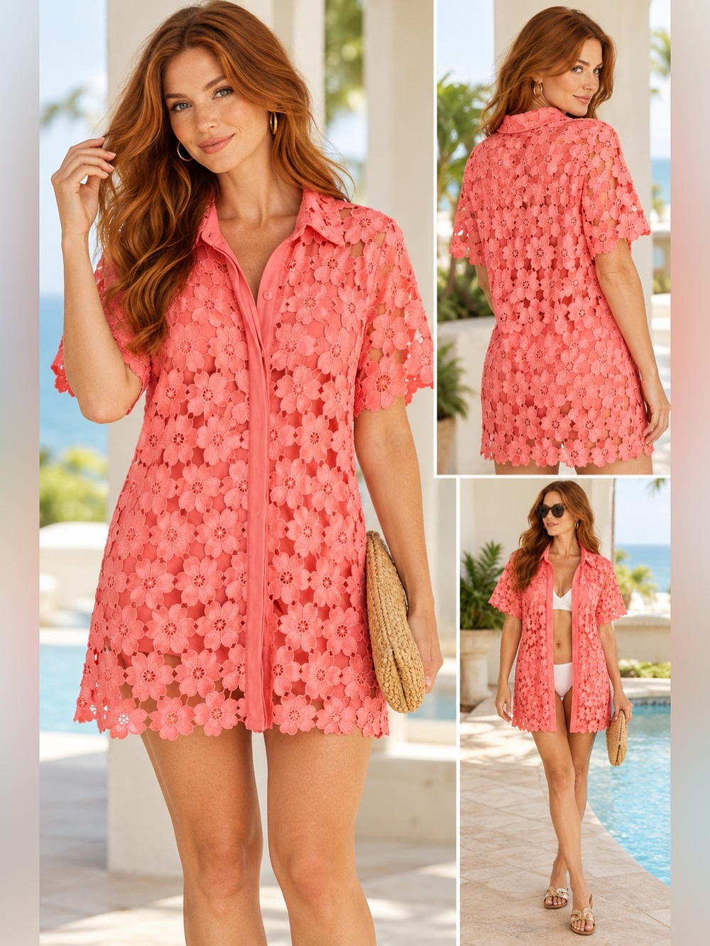 Petal & Pup Tallie Coral Pink Floral Lace Button Up Mini Dress Cover-Up Size 16
